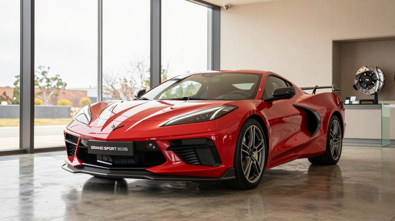 Red sports car displayed indoors, showcasing sleek design and reflective surface with large windows in the background.