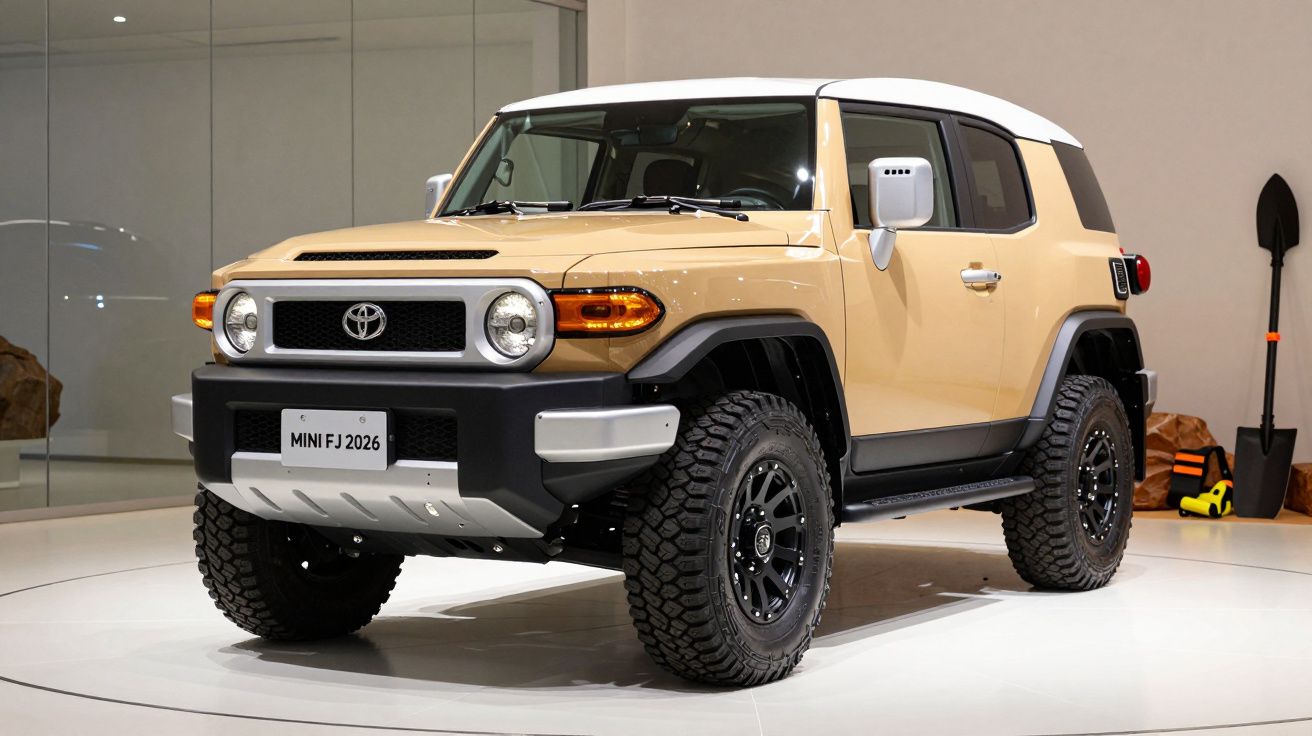 Beige and white Toyota SUV with rugged tires on display in a showroom.