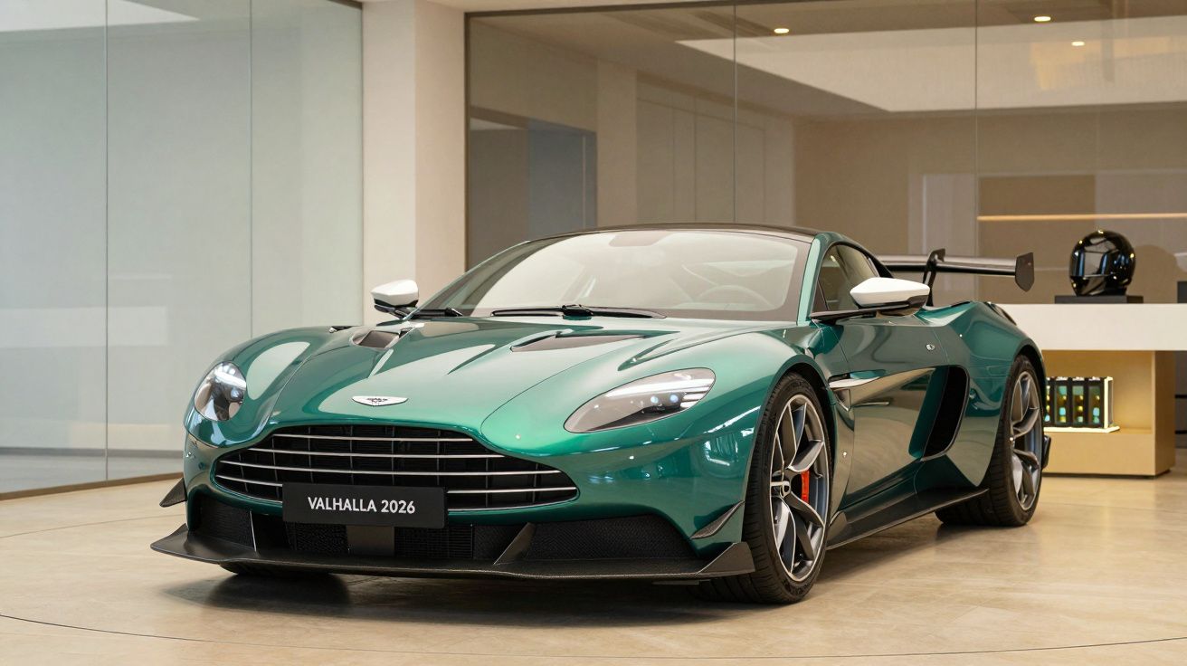 Green sports car in a showroom, displaying "Valhalla 2026" on the front plate, with modern design and sleek body.