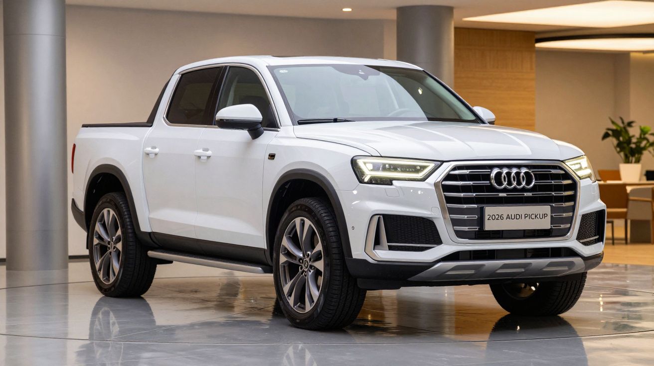 White 2026 Audi pickup truck in a showroom, featuring a modern grille and sleek design elements.