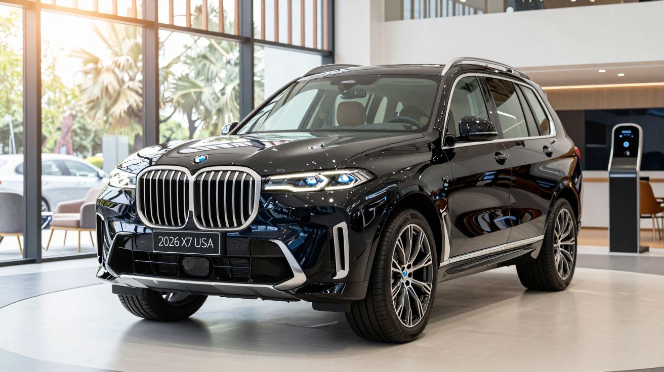 Black 2026 BMW X7 SUV displayed in a modern showroom.