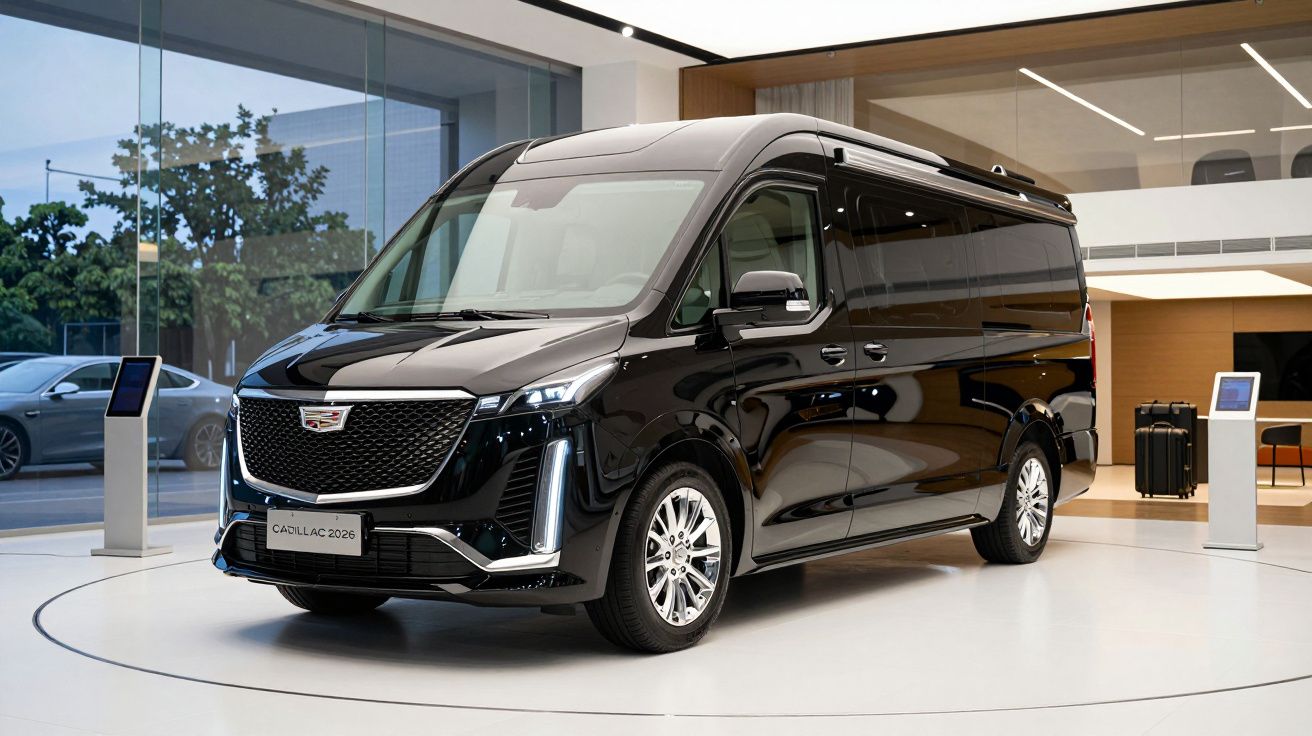 Black Cadillac van displayed in a modern showroom with bright lighting and sleek design elements.