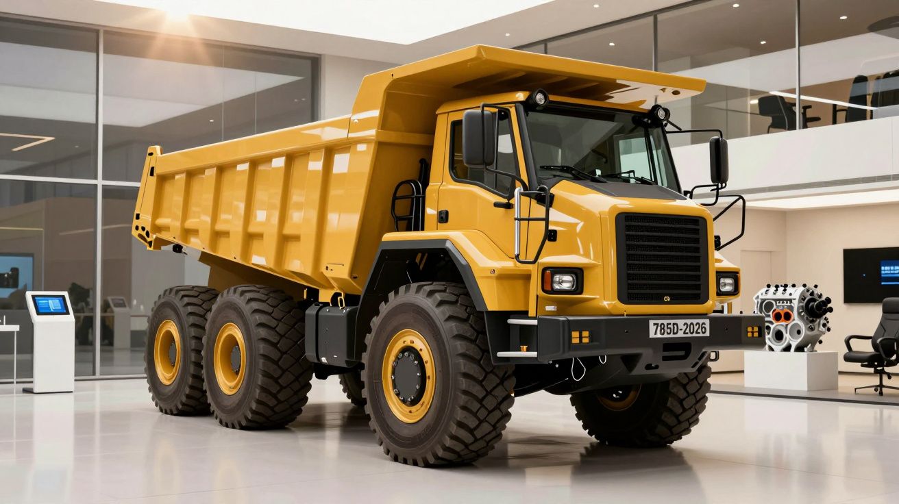 Yellow construction dump truck on display in a modern showroom with large tires and a detailed exterior.