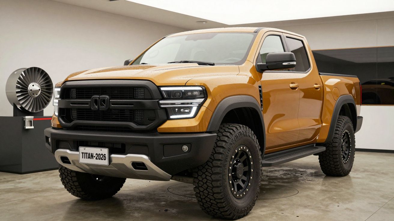 Yellow pickup truck with rugged tires in a showroom next to a large turbine display.