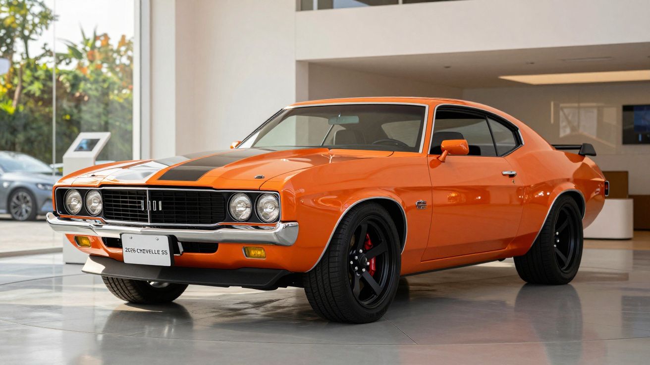 Orange 2019 Chevelle SS with black racing stripes displayed indoors, side view.
