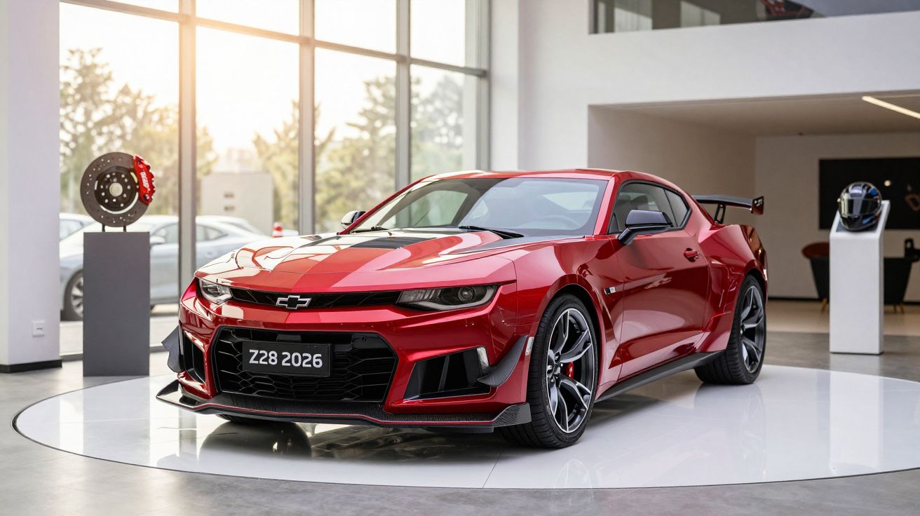 Red sports car on display in showroom, sleek design, large windows in background, automotive decor items nearby.