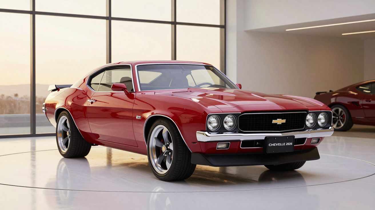 Red classic muscle car with black racing stripes, parked indoors on a glossy white floor.