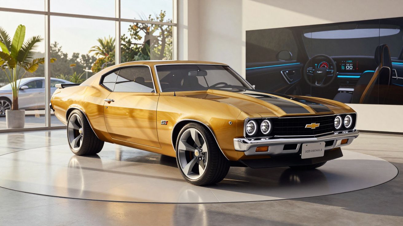 Vintage-style gold muscle car with black stripes on a display platform in a modern showroom.