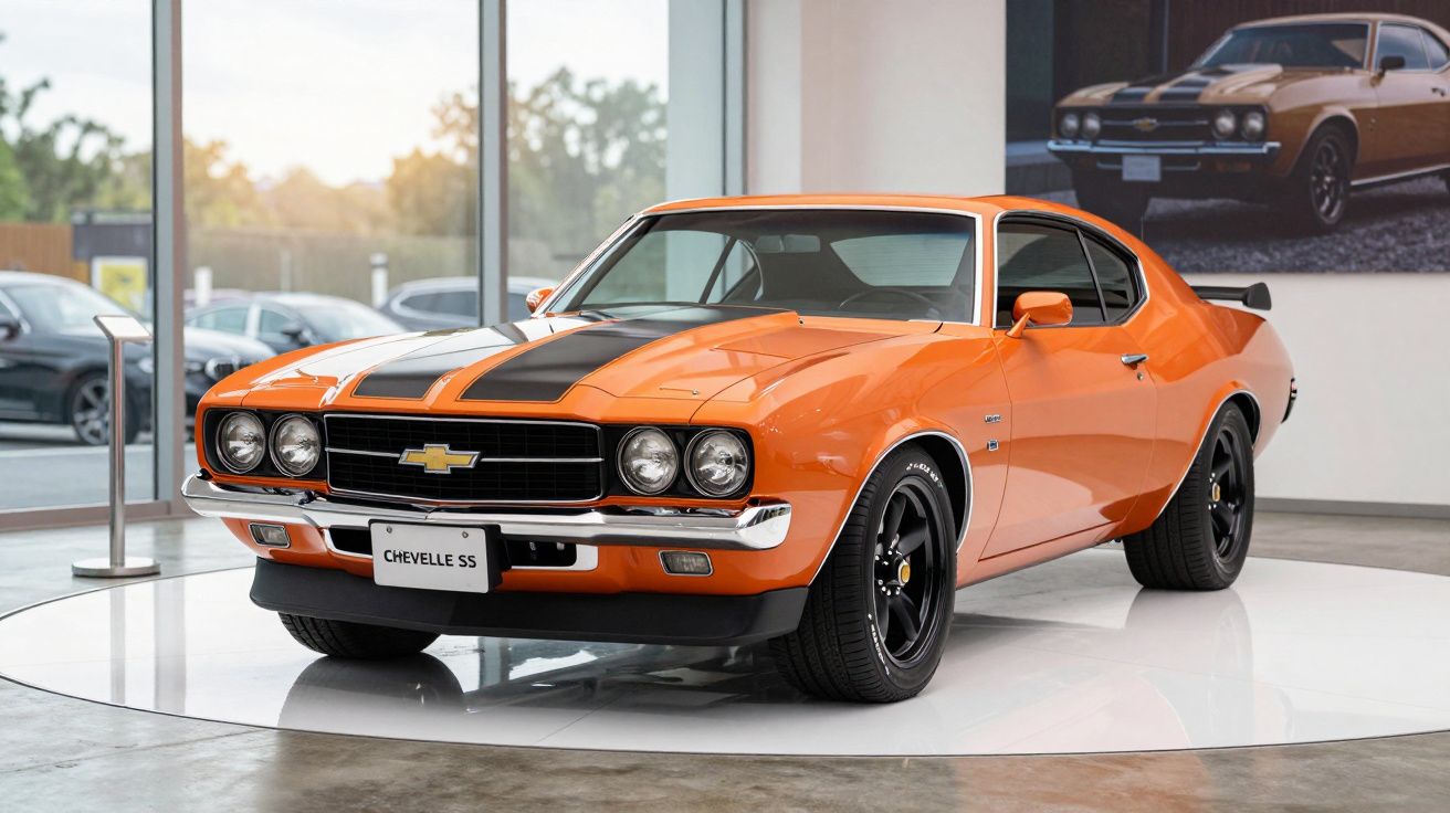 Orange Chevrolet Chevelle SS with black stripes on display in a showroom.