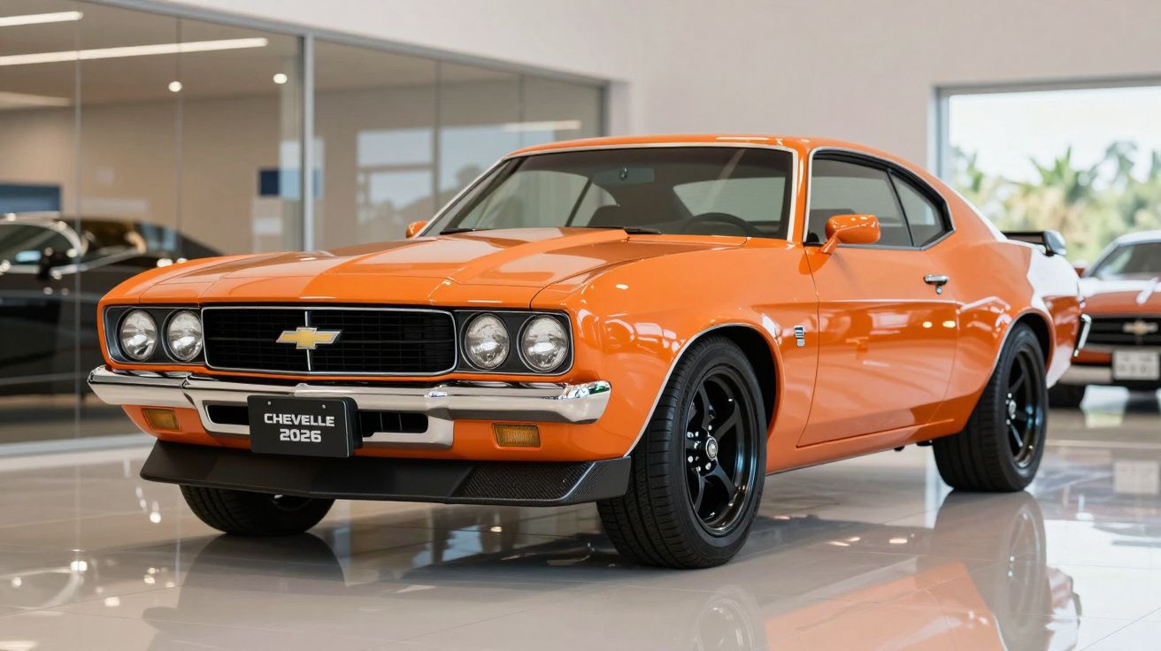 Orange Chevrolet Chevelle 2026 in a showroom, featuring black wheels and chrome accents, under bright indoor lighting.