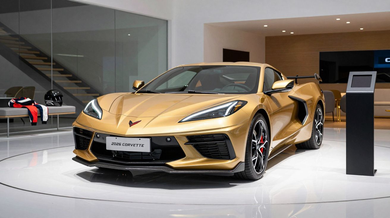 Golden 2025 Corvette sports car displayed in a modern showroom with sleek design and racing accessories.