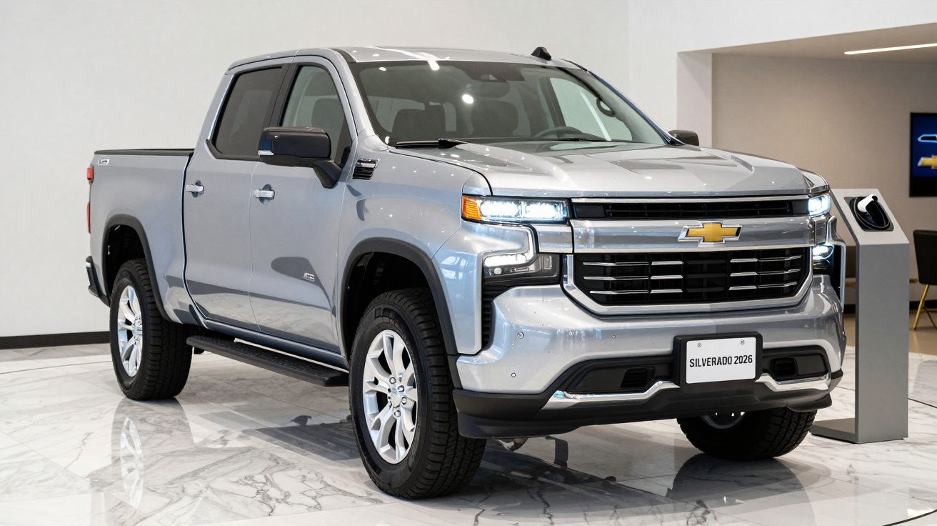 Silver Chevrolet Silverado 2022 truck displayed indoors on a marble floor.