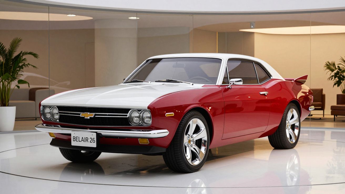 Red and white vintage-style sports car displayed in a modern showroom.