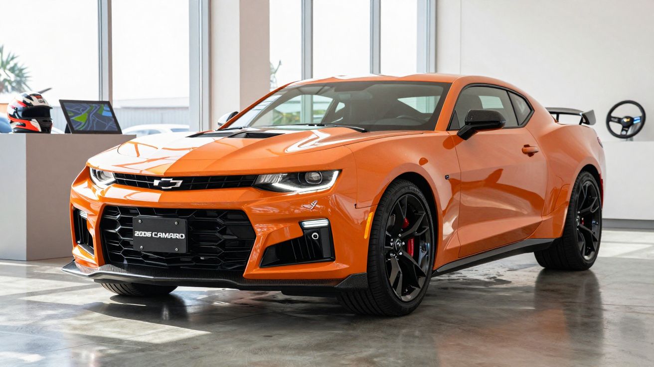 Orange 2018 Chevrolet Camaro displayed in a well-lit showroom with large windows.