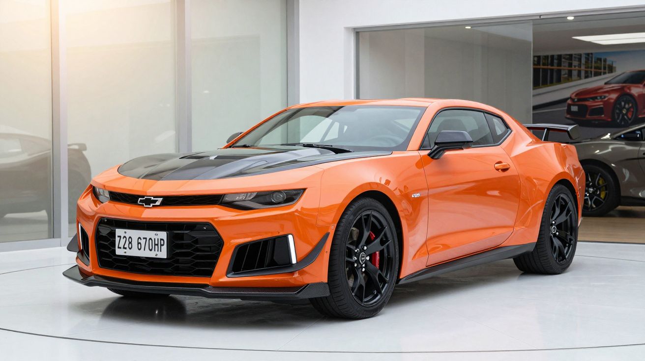 Orange sports car with a black hood and license plate "Z28 670HP" in a showroom setting.