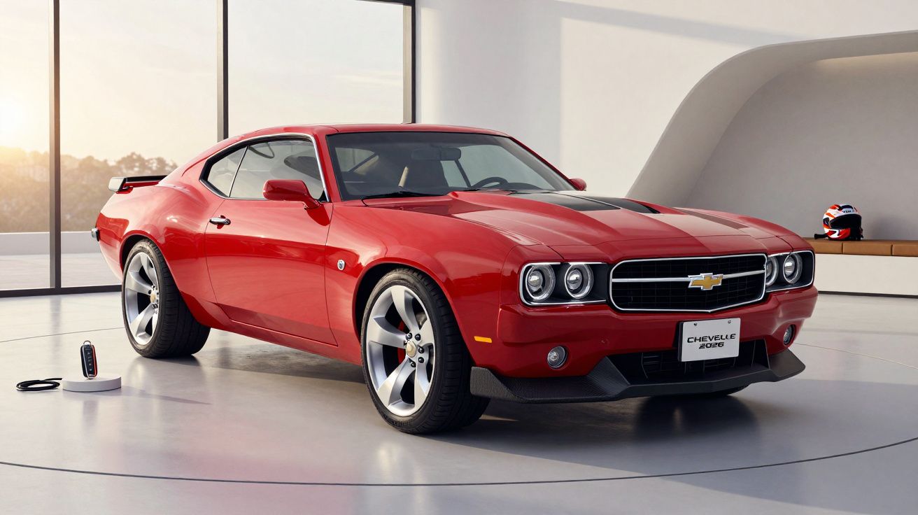Red Chevrolet muscle car in a modern showroom with large windows, a helmet on a bench, and a key fob on the floor.