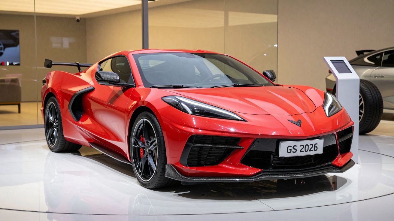 Red sports car displayed in a showroom, featuring sleek design and a visible license plate reading "GS 2026".