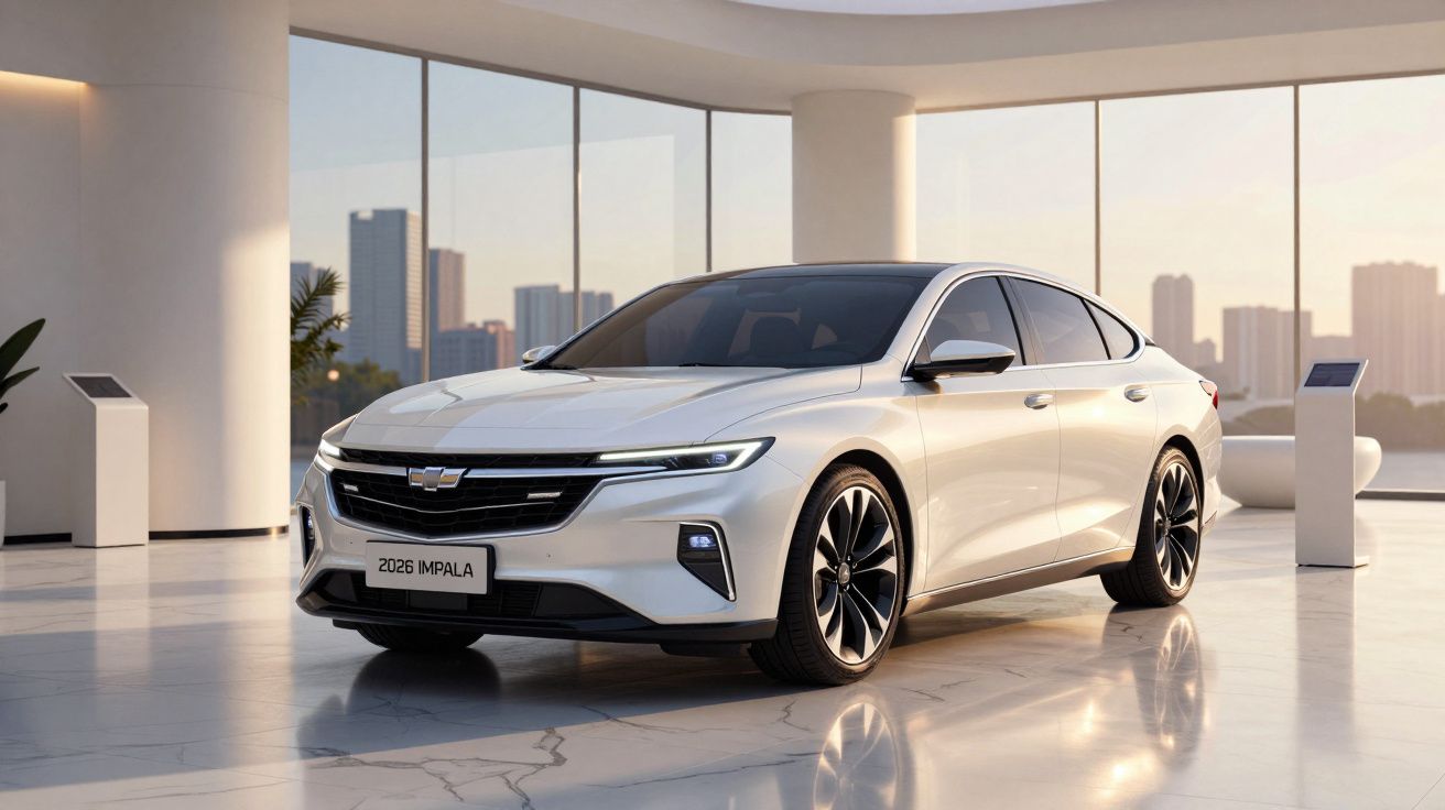 A sleek white 2026 Impala sedan in a modern showroom with large windows and cityscape view.