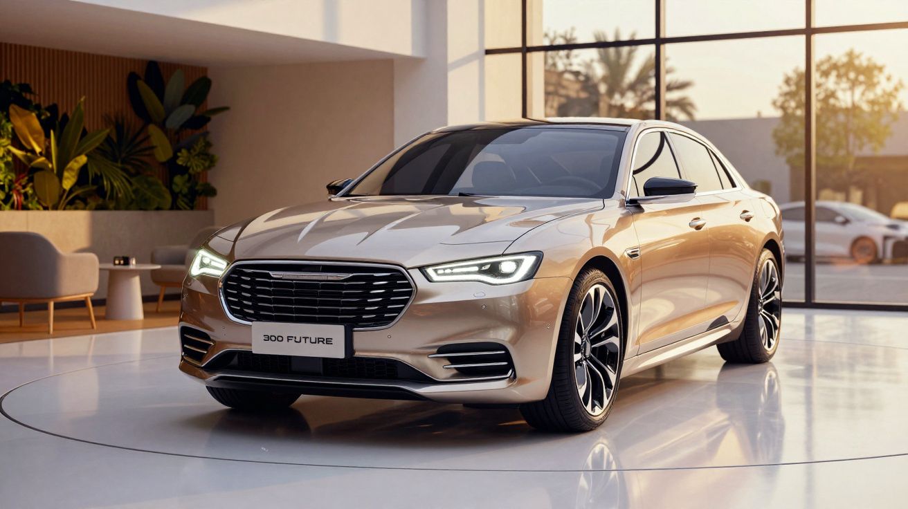 Luxury sedan in a showroom with large windows, modern design, and sleek curves, labeled "300 Future" on the front.