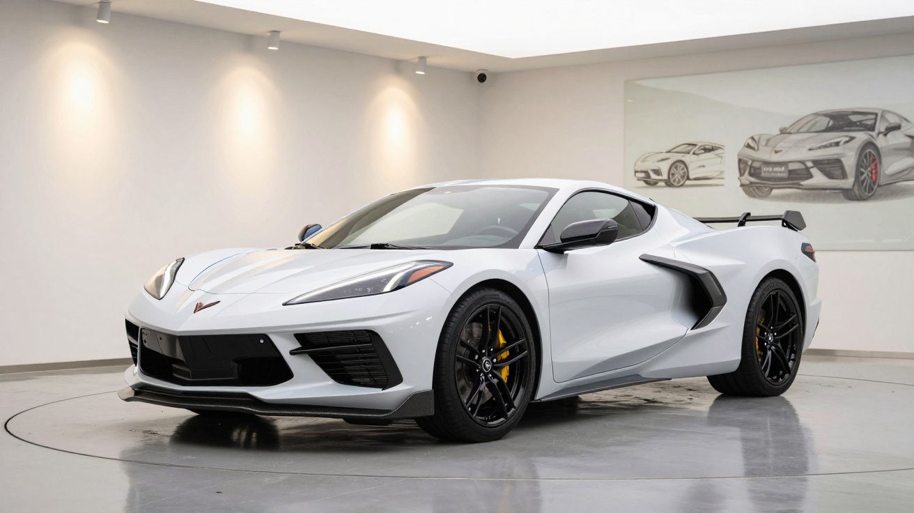 A sleek white sports car in a modern showroom, with a dynamic design and black rims, showcased under bright lighting.