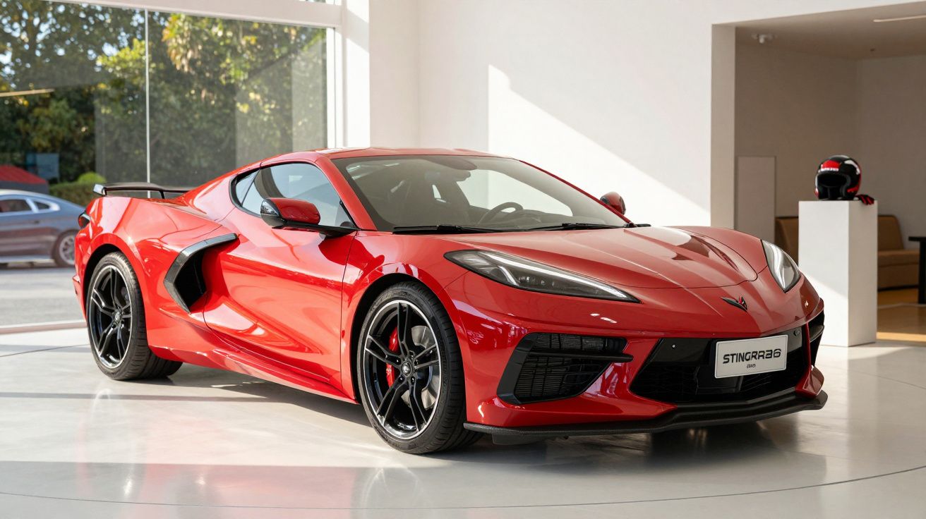 Red sports car displayed in a showroom with a sleek design and the sun shining on its surface.