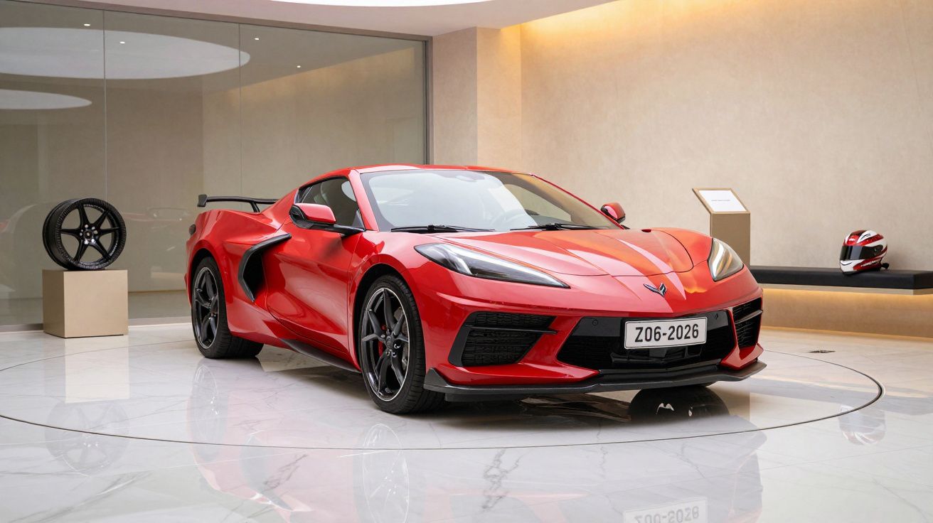 Red sports car displayed in a modern showroom with a single black wheel and a helmet on stands nearby.