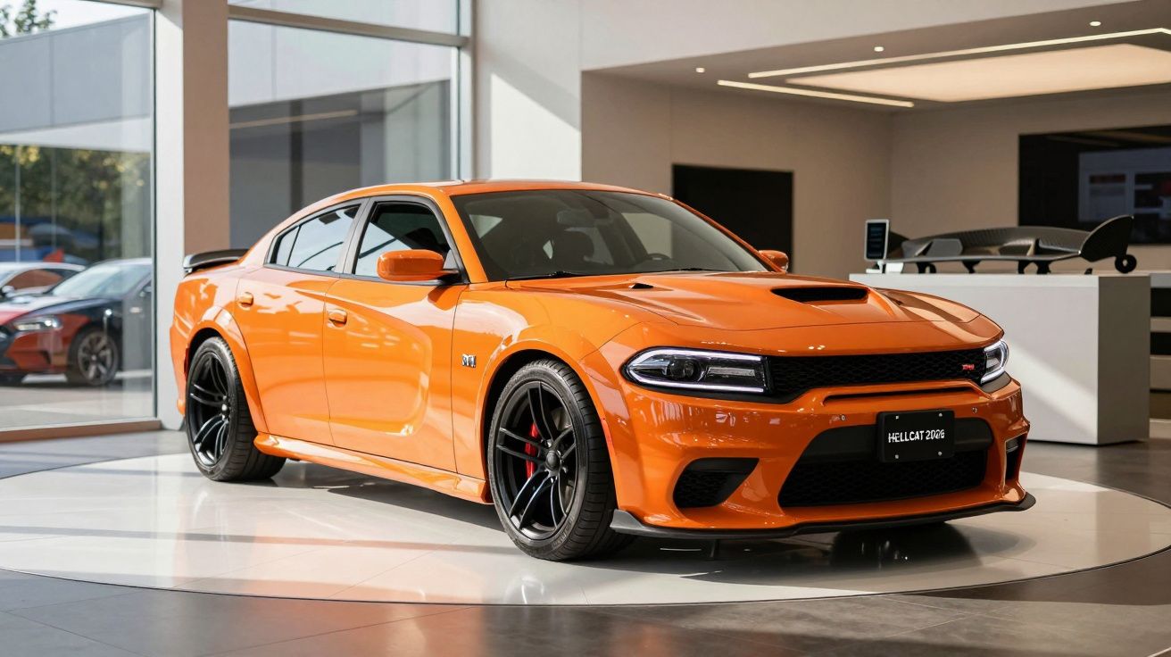 Orange sports car displayed in a modern showroom with large windows and sleek design.