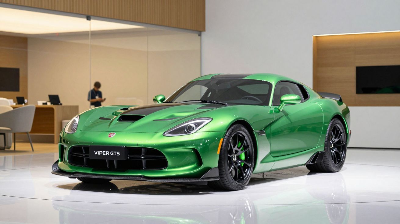 Green sports car displayed in a modern showroom with wood and glass accents.