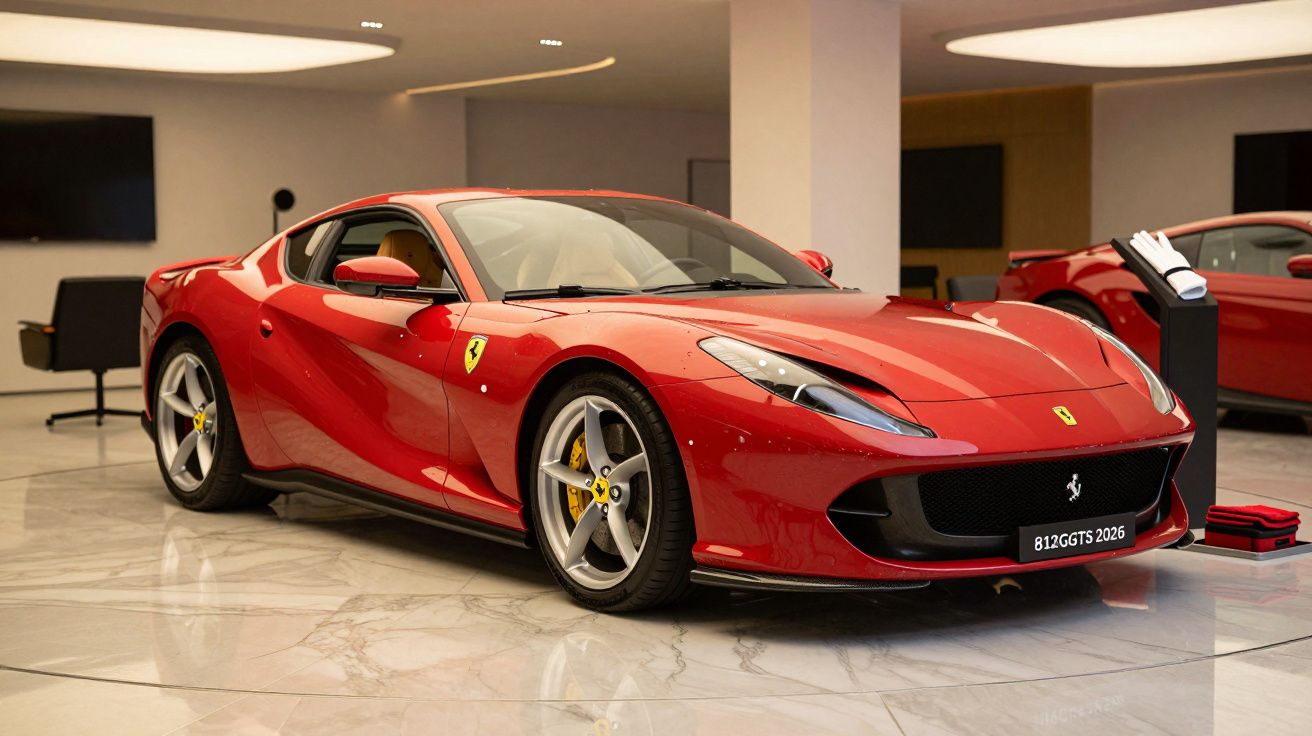 Red Ferrari sports car parked in a showroom with reflective marble floor.