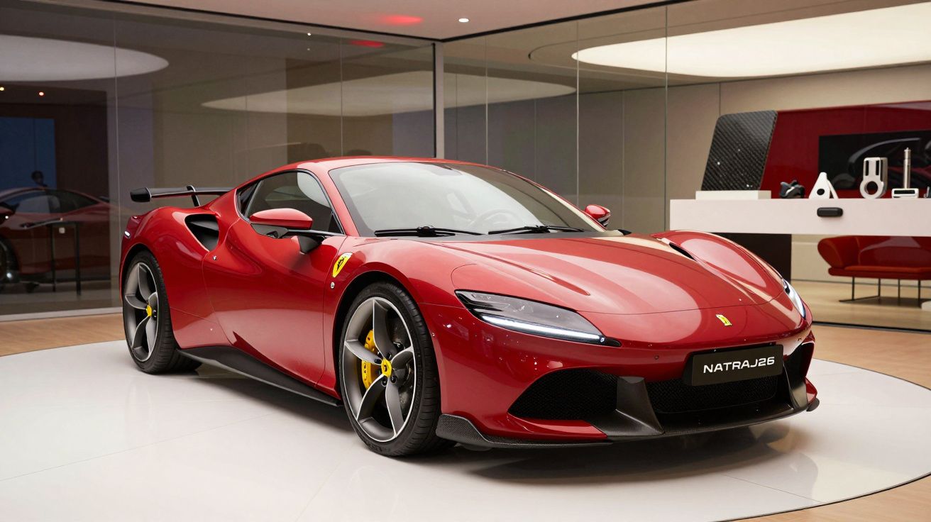 Red sports car displayed in a showroom with sleek design and yellow brake calipers.