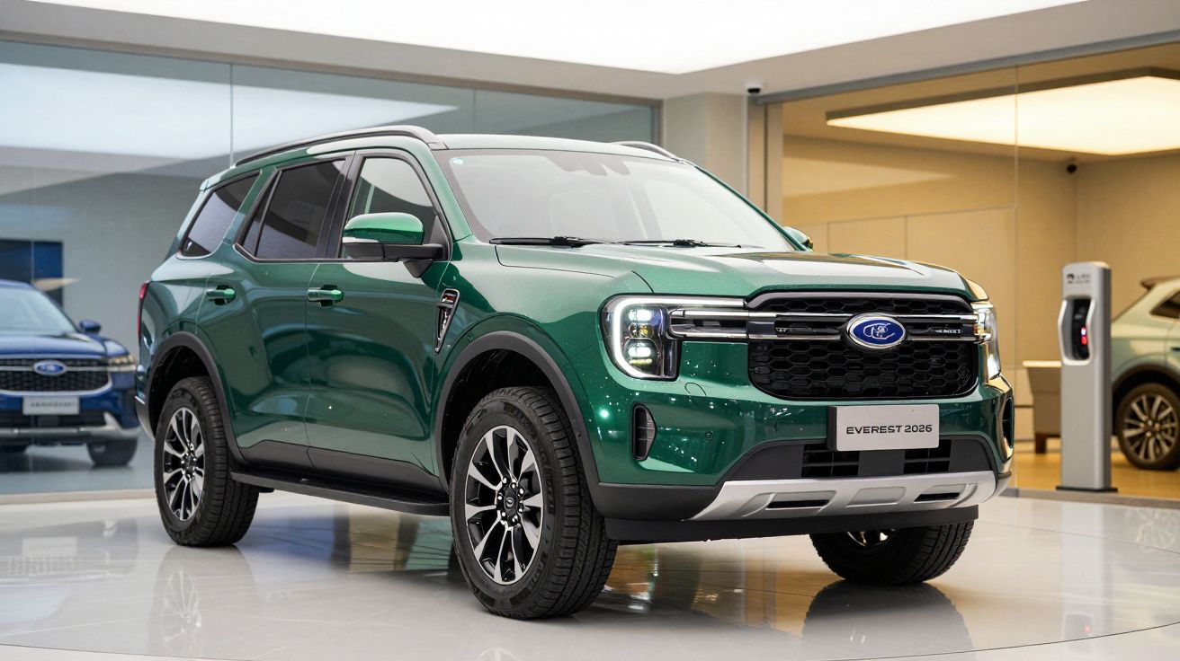 Green Ford SUV displayed in a modern showroom, viewed from the front-left angle.