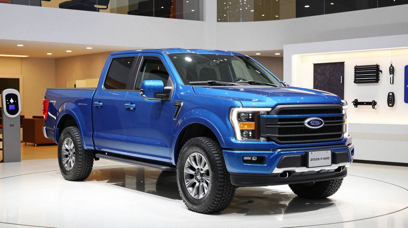 Blue Ford F-150 pickup truck displayed in a modern car showroom with accessories on the wall.