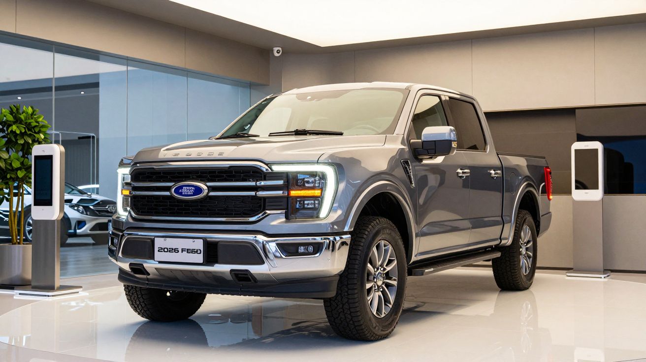 Gray Ford F-150 pickup truck displayed in a modern showroom setting.