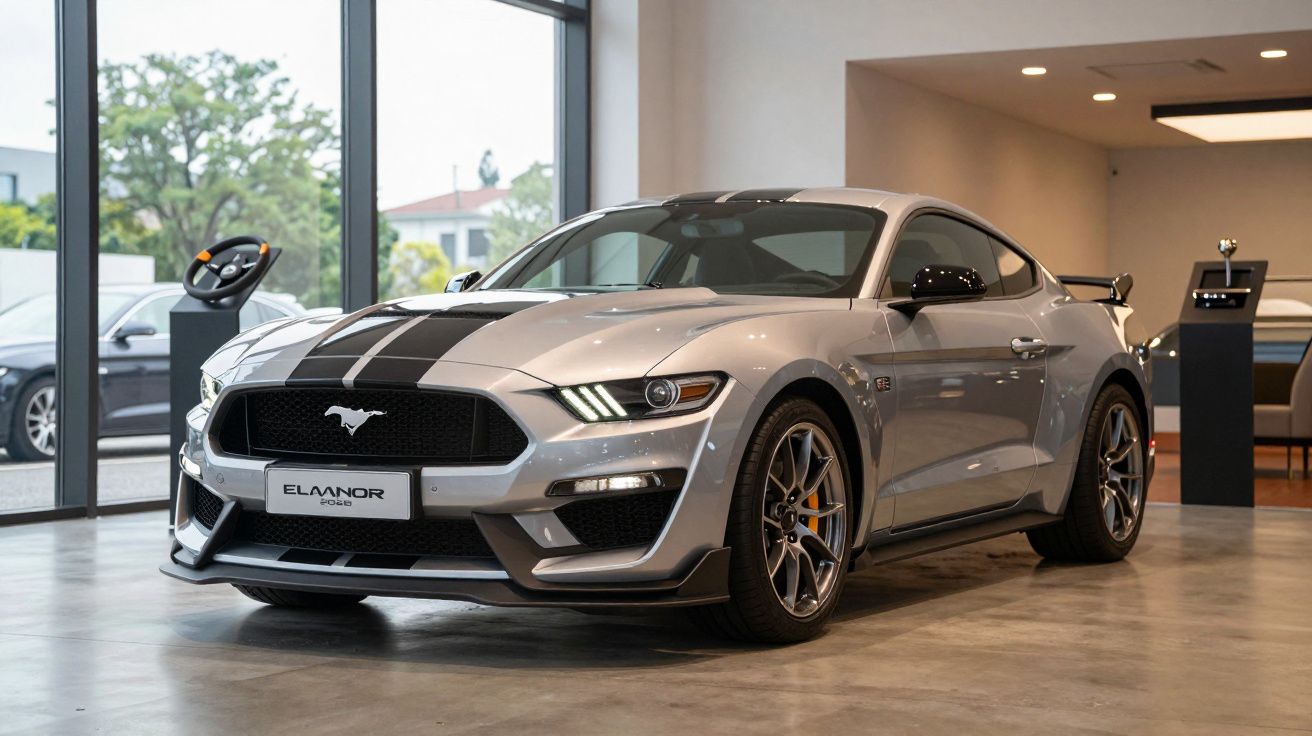 Silver sports car with black racing stripes displayed in a modern showroom.