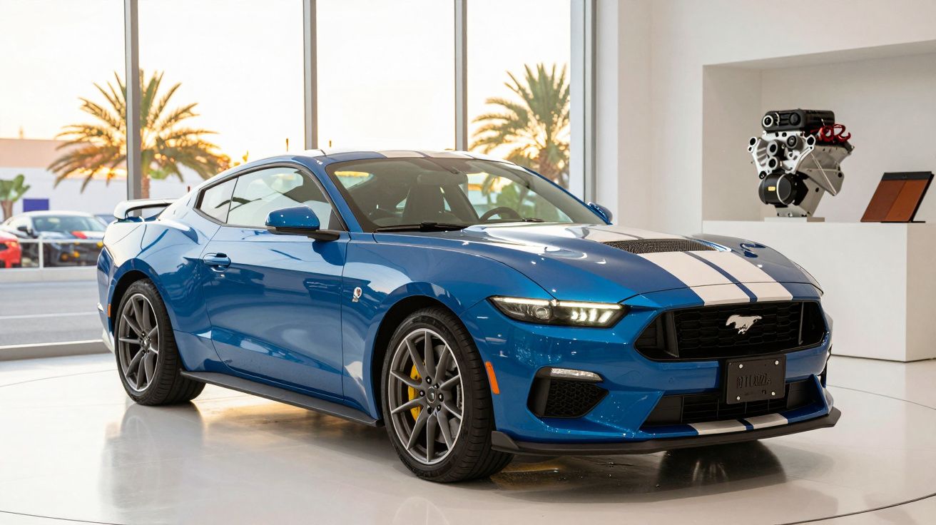 Blue sports car with white stripes on display in a showroom with large windows and palm trees outside.