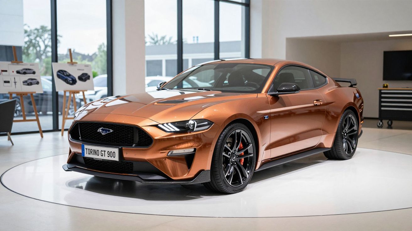 Bronze sports car with "Torino GT 900" plate in a modern showroom, showcasing sleek design and black alloy wheels.