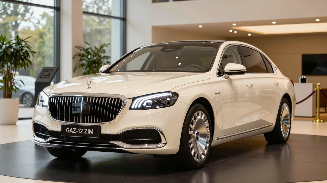 Luxury white sedan displayed in a showroom with modern lighting and sleek design elements.