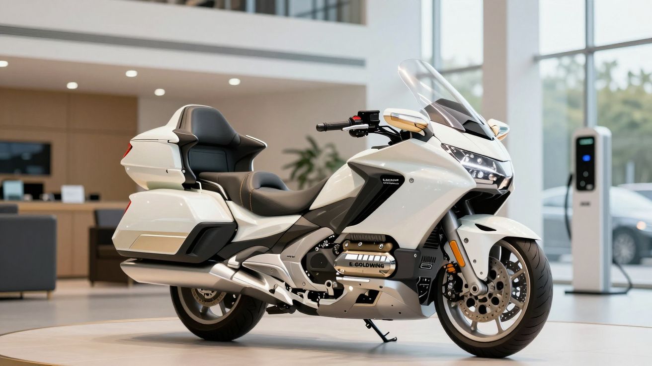 White luxury touring motorcycle displayed indoors with a modern, sleek design and spacious seating.