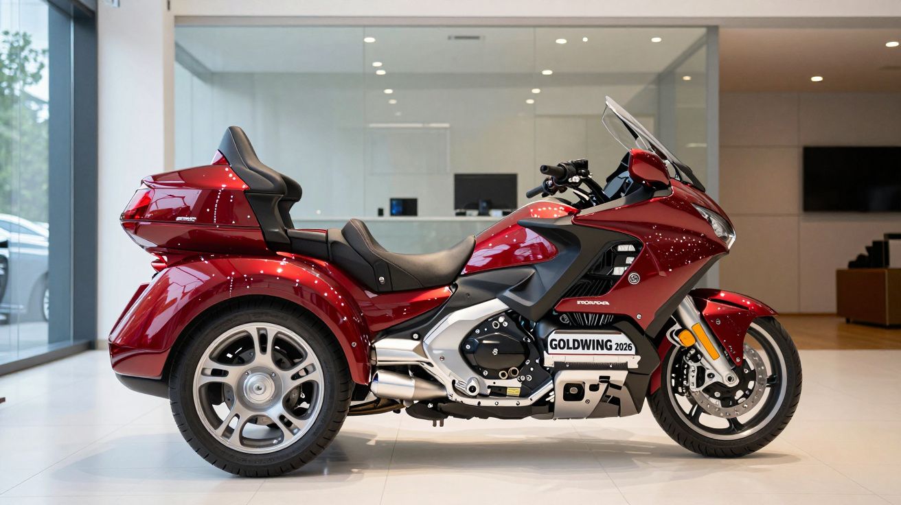 Red Honda Goldwing 2026 trike displayed in a showroom with reflective lighting and modern interior.