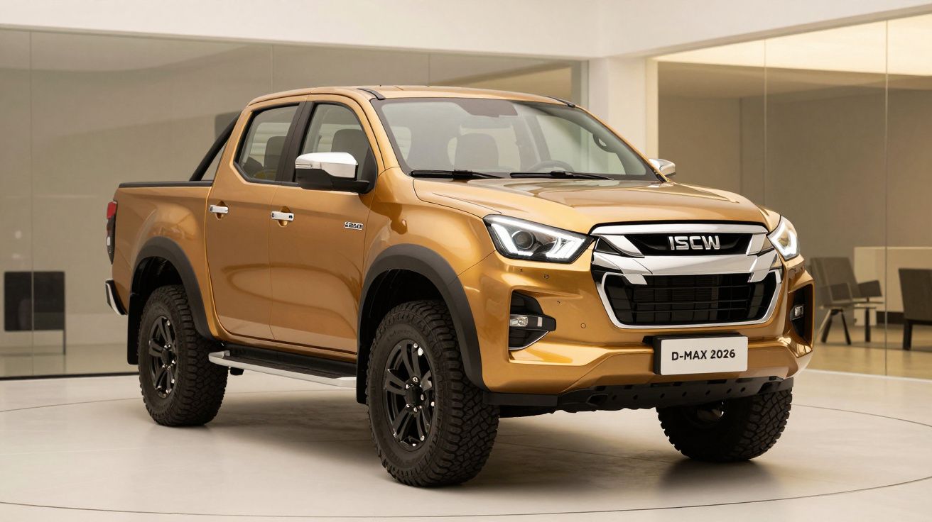 Gold pickup truck with black accents, displayed in a modern showroom, showcasing rugged design features.