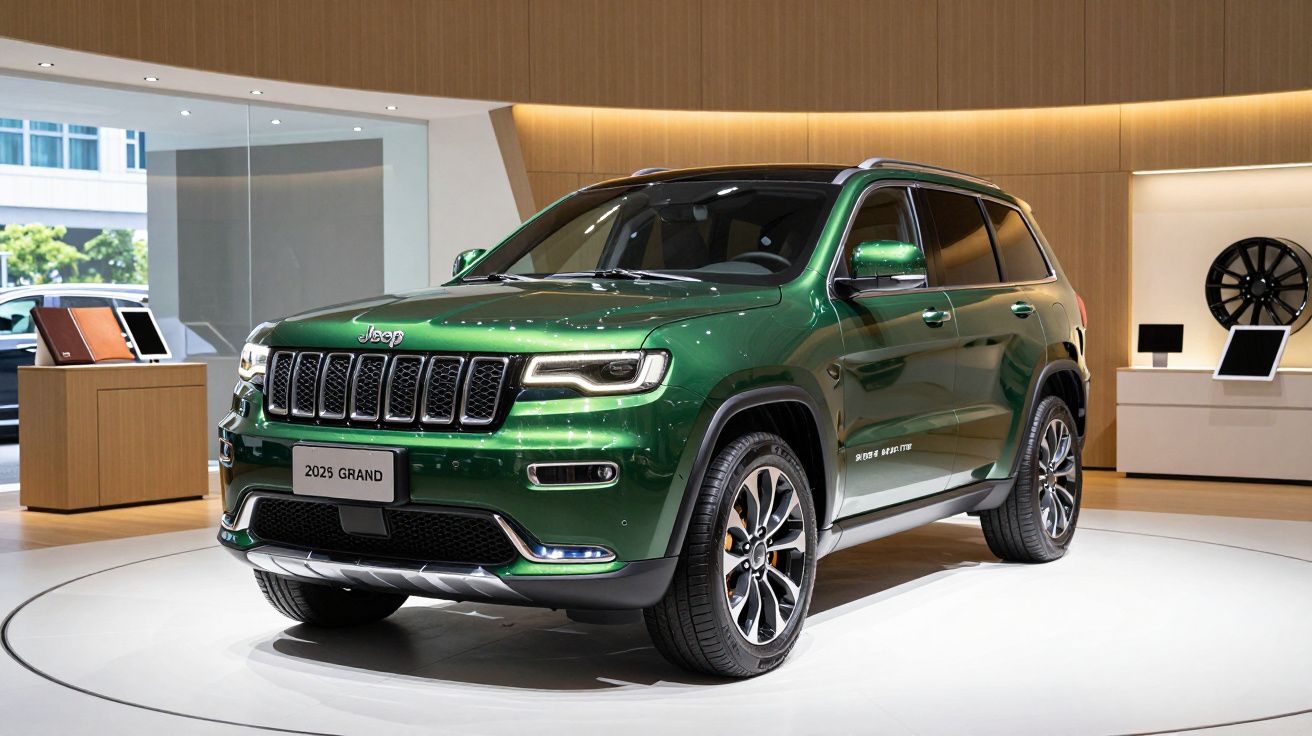 Green Jeep Grand Cherokee on display in a showroom with modern decor.