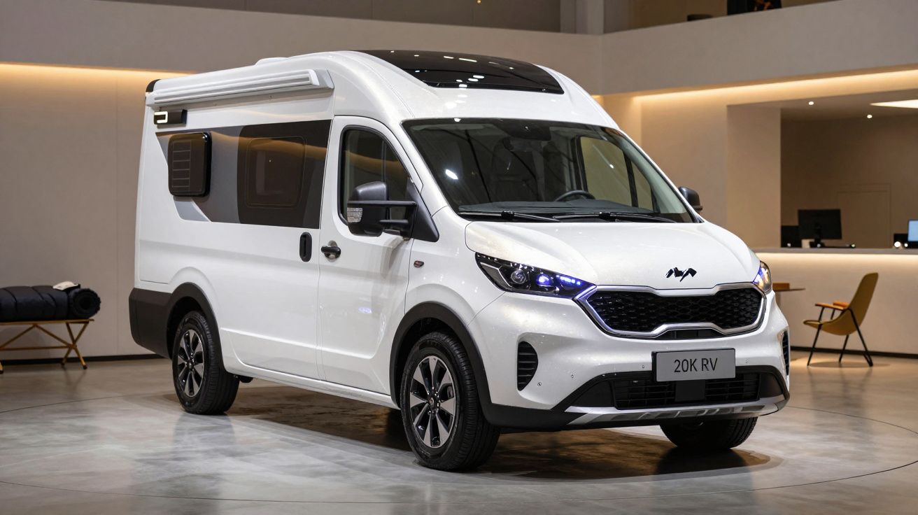 White camper van on display in a modern showroom with elegant lighting.
