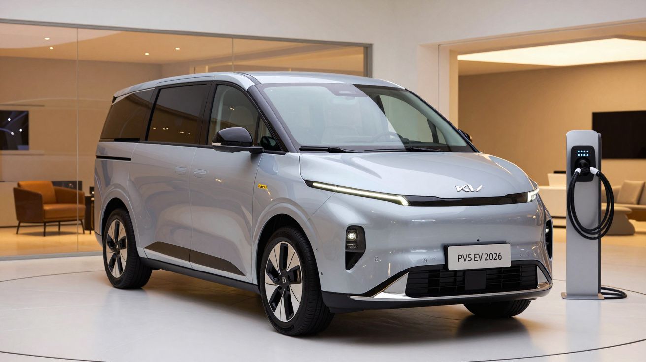Silver electric minivan plugged into a charger in a modern showroom.