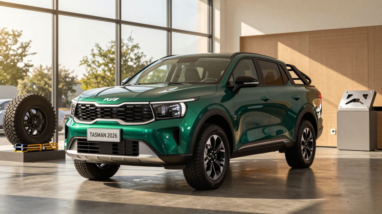 Green SUV parked indoors with large windows and a spare tire display.