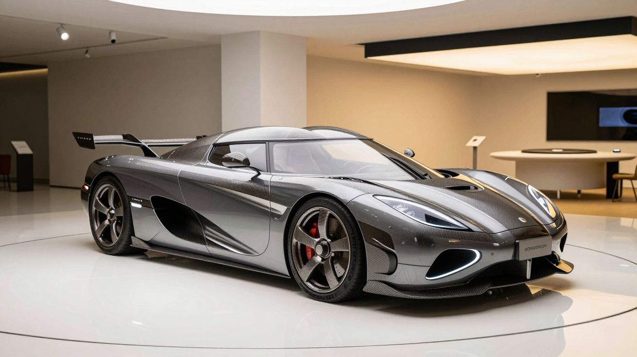Sleek gray sports car with aerodynamic design displayed in a modern showroom.
