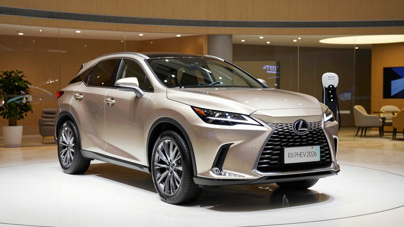 Luxury silver SUV displayed in showroom with modern design elements and sleek curves.