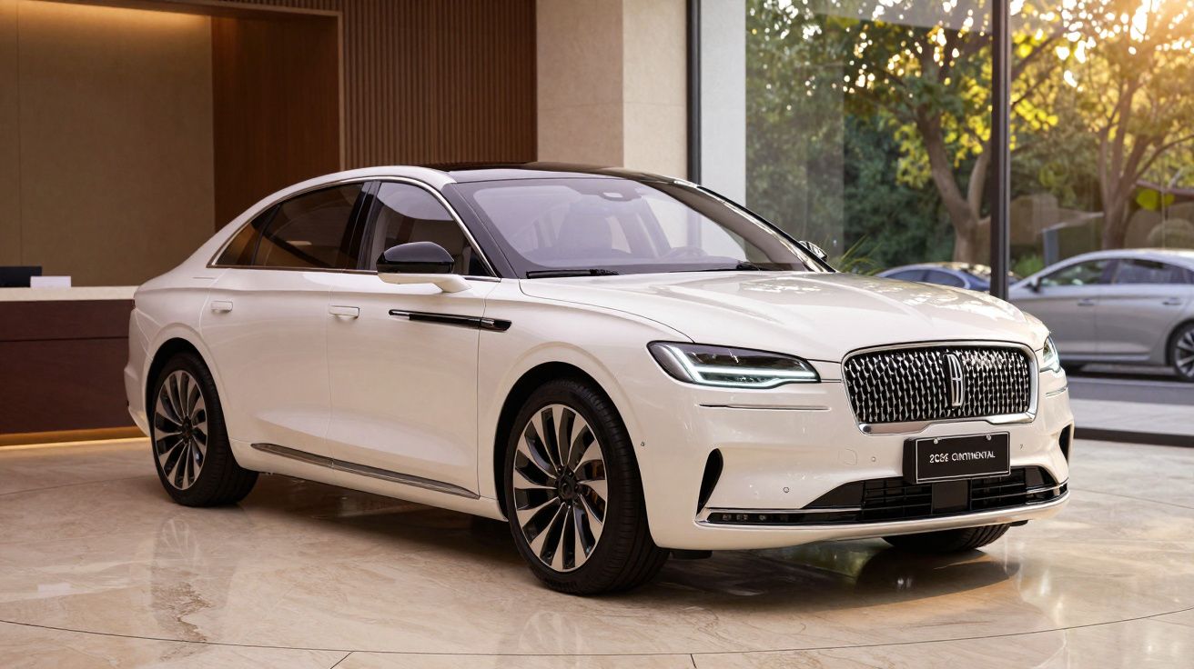 White luxury sedan parked indoors with a modern design and large grille.
