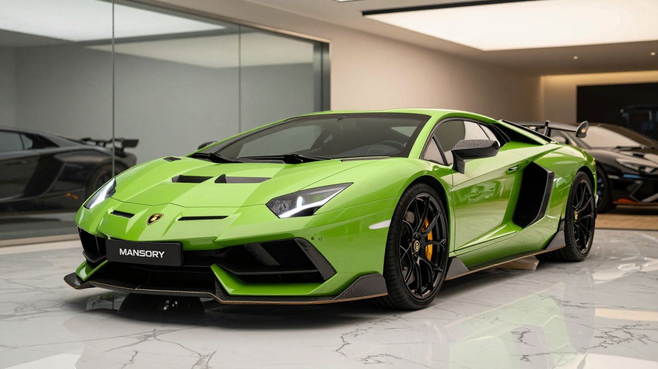 Green luxury sports car with sleek design displayed indoors on a glossy floor.