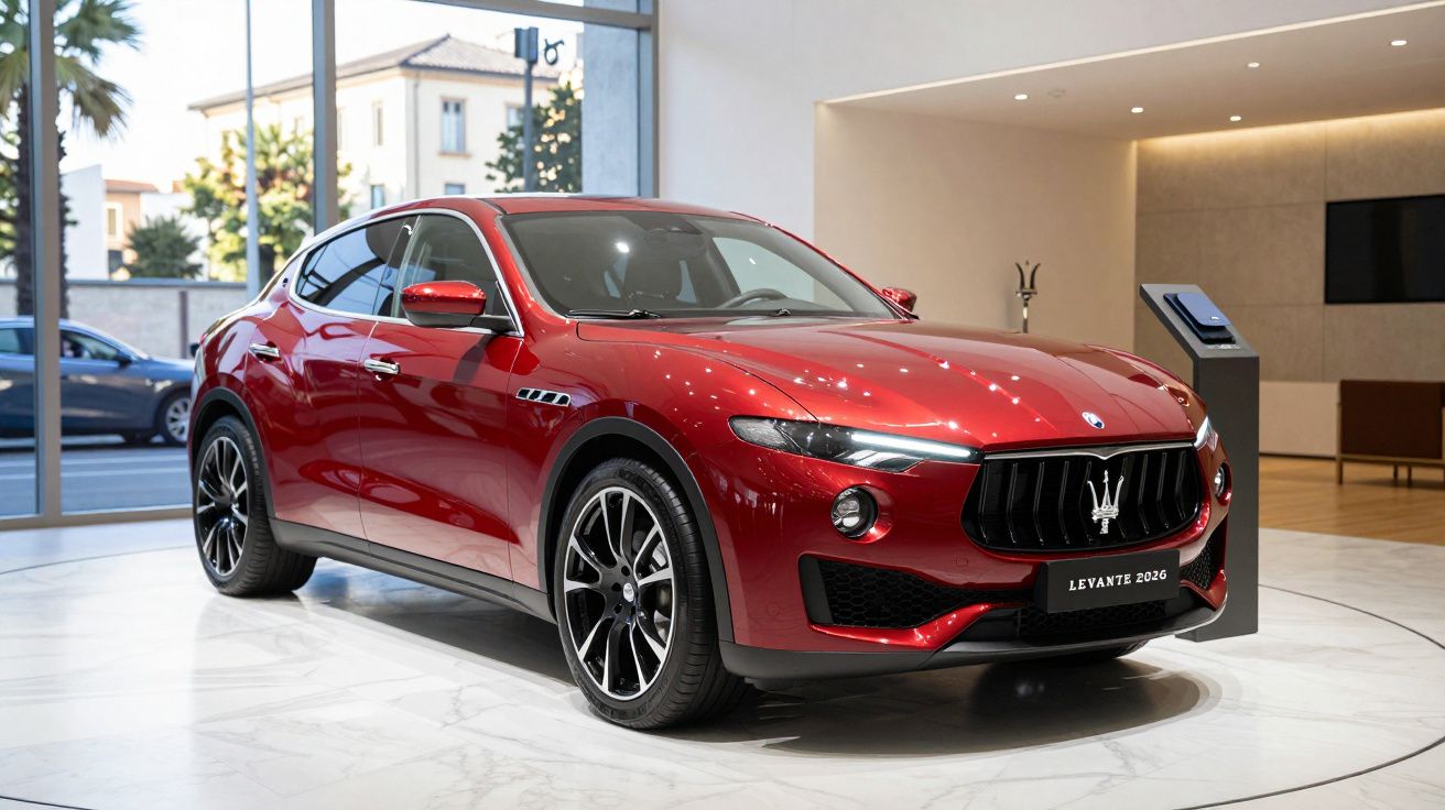 Red luxury SUV displayed in a modern showroom with large windows and minimalistic decor.