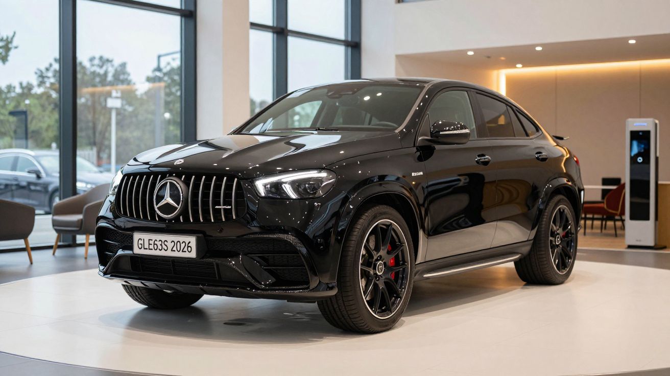 Black Mercedes-Benz GLE63 SUV displayed in a modern showroom with large windows and sleek interior design.